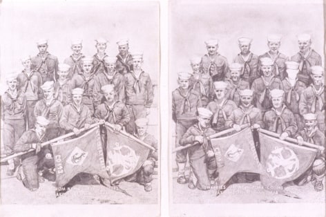 Pencil sketch of sailors holding flags