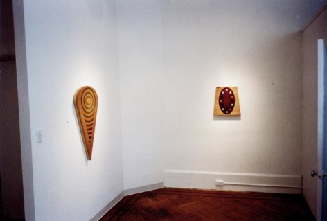 painted geometric woodworks, exhibition view