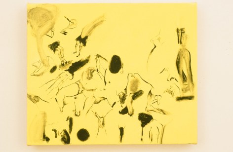 Painting with yellow background showing humanoid figures sitting and moving about