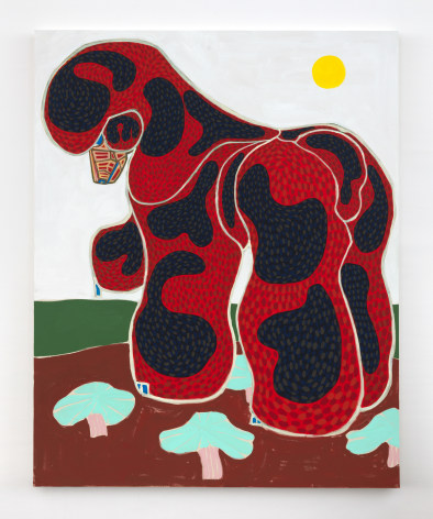 Painting of red and black poodle standing overtop mushrooms