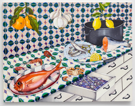 Oil painting showing fish cut up on counter