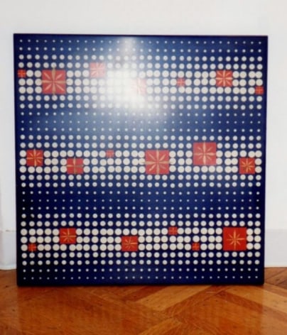 Red, blue, and white patterned painting