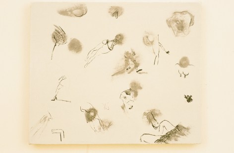 White painting featuring various human and animal legs