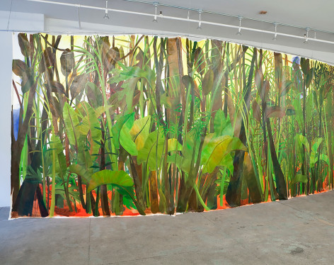 Margaret Lee, jungle flora and fauna painting on gallery wall