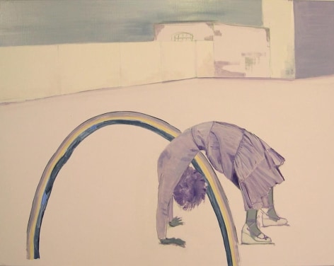 painting of woman bending backwards next to rainbow