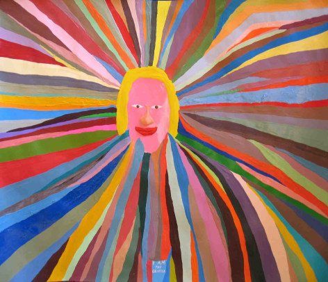 Painting of face in the center of rainbow lines, reading 'I am the center'