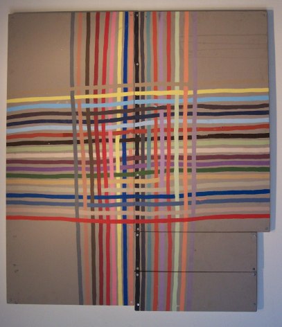 Interwoven rainbow lines on found panel
