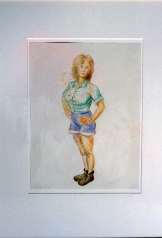 John Currin, drawing of woman in shorts standing
