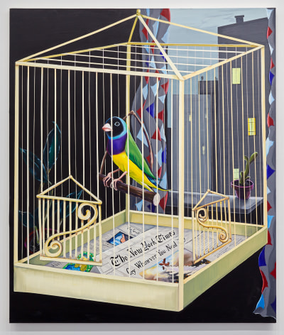 Oil painting showing bird trapped in cage