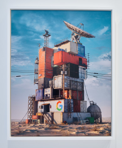 stacked shipping crates with google logo and satellite dish