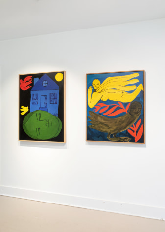 Gallery view of two paintings; one showing a house and face on black background, one showing two figures in flight.