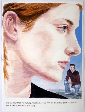 Close up of woman's profile, with boy crouching in the background