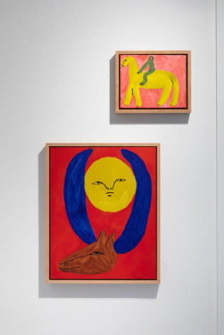 Gallery view of two small paintings, portraying someone riding a horse, and a human face between a bull's horns