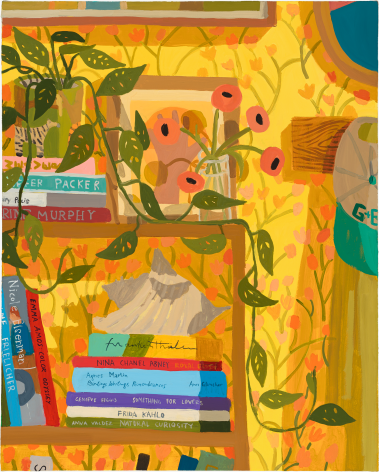 still life portrait of bookshelf and flowers