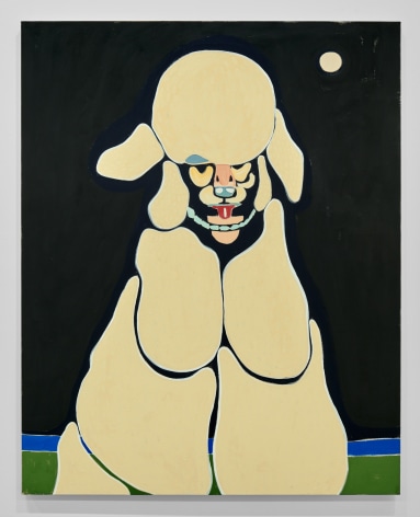 Painting of poodle staring at viewer, black background