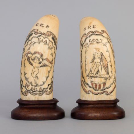 Pair of Polychrome Whales Teeth with Cheurbs and initialed &quot;ORE&quot;, American Circa 1860