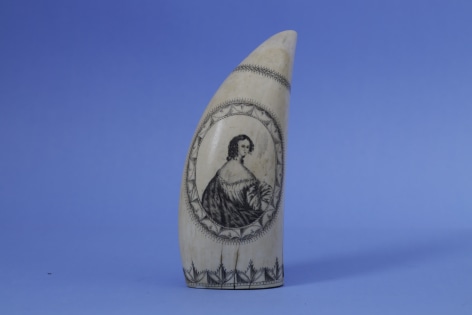 Scrimshaw Whales Tooth Engraved on Both Sides Depicting Women Inside Fancy borders attributed to the Bank Note Engraver, American circa 1840