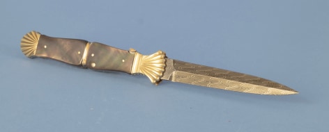 Automatic Folding Knife by Ken Steigerwalt with Gold Bolsters and Black Lip Pearl Gripes