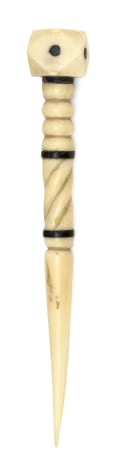 Inlaid Whale Ivory Bodkin with Carved Rope Twist and Polyhedron End, American circa 1850