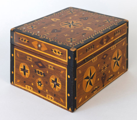 Handsome Inlaid American Sewing Box with Fitted Interior Mid 19th Century