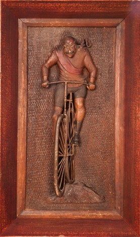 Carved and Polychrome Paint-Decorated Walnut &quot;Racing Bicyclist&quot; Wall Plaque