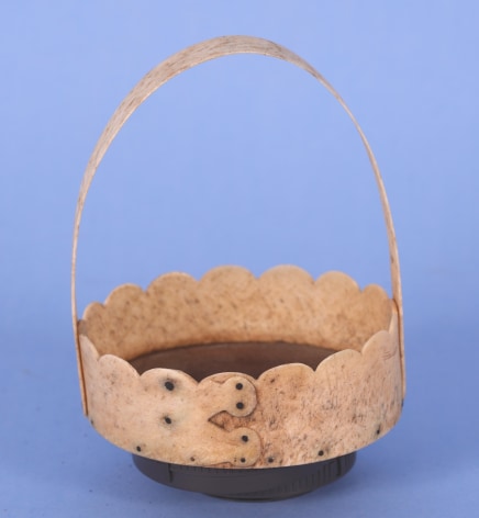 Small Round Pan Bone ditty Box With Fixed Bone Handle and Scrolled Shaped Rim, 19th Century