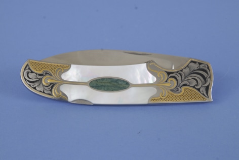Custom Folding knife by Warren Osbourne with White Pearl Grips and Fine Engraving with Gold Inlay