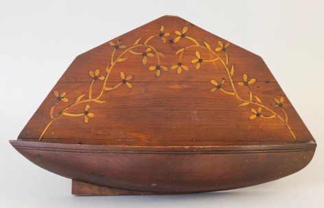 Carved Mahogany Wall pocket if Form of a Boat Hull with Beautifully Inlaid Backboard, American 3rd Quarter 19th Century
