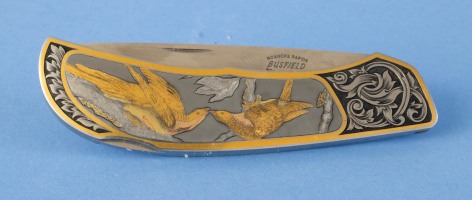 Custom Folding Knife by Frank Busfield with Finely Engraved Birds and Gold Inlay