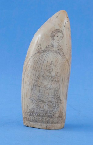 Scrimshaw Whale Tooth, titled &quot;Homeward Bound&quot;, American, circa 1870