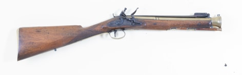 Brass Barrel Blunderbuss with snap bayonet signed &quot;Bailey&quot; late English Late 18th Century.