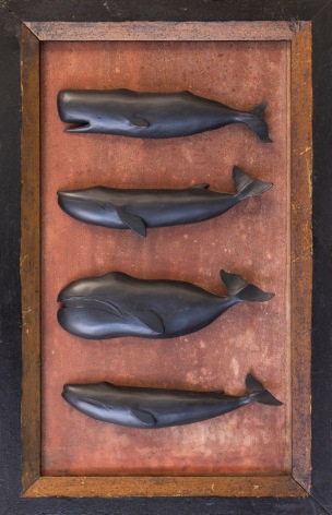 Carved and Painted Whale Board with 4 Species of Whales Carved One Above the Other in a Old Painted Frame