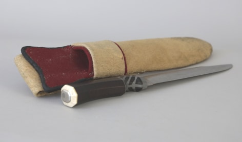 19th Century Inlaid knife maker mark W within a circle with hand-stitched leather, wool-lined scabbard.