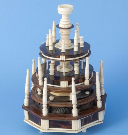 Fine Elaborate Four Tier Whale Ivory, Tortoise Shell and Baleen Thread Holder, American Mid-19th Century