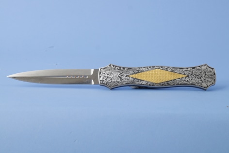 Automatic Engraved and Gold Inlaid knife by the maker by Tony Baker