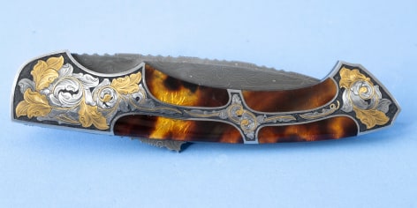 Engraved and Gold Filled Automatic Knife by Joe Kious.