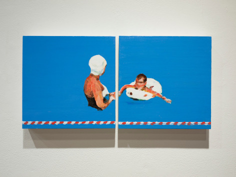 mark mann painting of mother and son in pool, diptych