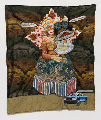 China Marks  Above and Below, or How Bad Things Happen to Good People, 2016  Fabric, thread, screen-printing ink, plastic pearls,  lace, tea-dyed fabric, fusible adhesive on a  contemporary tapestry copy of Raphael&rsquo;s  Cowper Madonna