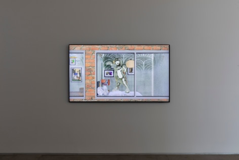 Installation view of Yifan Jiang's 2 channel video installation Neighbors, showing a single screen