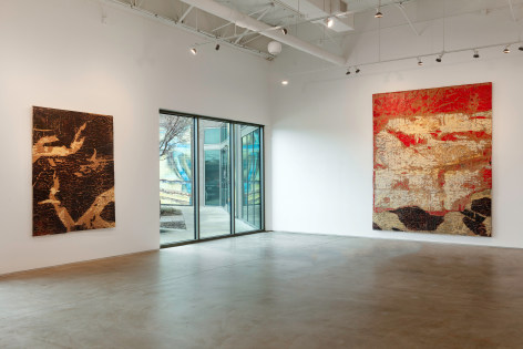 Installation view of Edgar Ramirez paintings Smoke No 1 and Mauritania