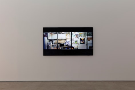 Installation view of Yifan Jiang's 2 channel video installation Neighbors, showing a single screen
