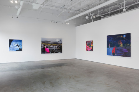 Installation view of Yifan Jiang's A bouquet of senses featuring four oil on canvas paintings