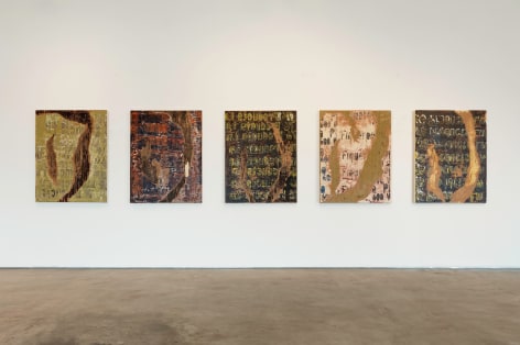 Installation view of 5 Edgar Ramirez (Smoke) Remnant paintings in various colors