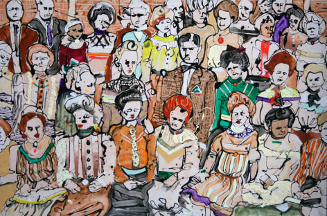 A painting of a various of people in vintage-style clothing with some sitting and others behind them standing.