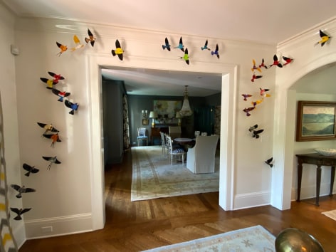 Like the site-specific, recycled aluminum can butterflies, Paul Villinski's LP Vinyl Record Bird Series is also available by commission. Making this work even more bespoke, even profoundly personal, the client chooses the individual records they would like to use as the material for sculptures. Selecting from one's own favorite singers, musicians, and albums, the resulting installation tells the story of the music which inspires the client musically . . . but now also visually.,  