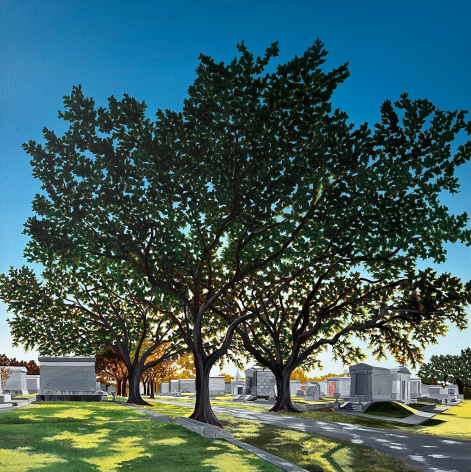 Painting of a cemetery in Metairie, Louisiana with large oak trees