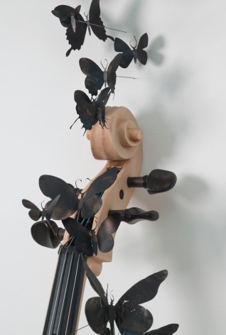 PAUL VILLINSKIFable&nbsp;[detail], 2010found cello and&nbsp;aluminum cans, soot, wire96 x 65 x 16 inches