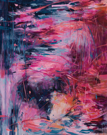 An expressive abstract painting with a vibrant mix of pink over blue hues.