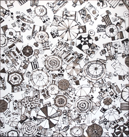 A monochrome painting of various objects on a white background, resembling an aerial view of people on the beach.