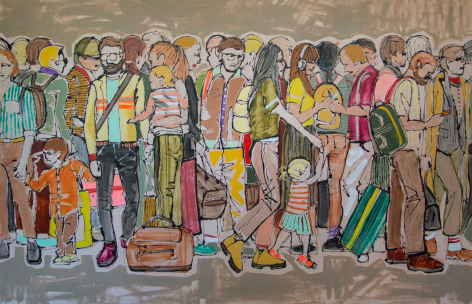 A crowd of people with suitcases and bags all walking towards different directions. Some people are holding small children and others are looking at their phone.